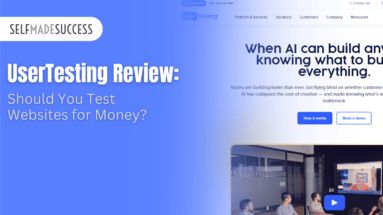 Hero banner for SelfMadeSuccess with the headline 'UserTesting Review: Should You Test Websites for Money?' on a blue gradient background, left-aligned text, and a video thumbnail on the right.