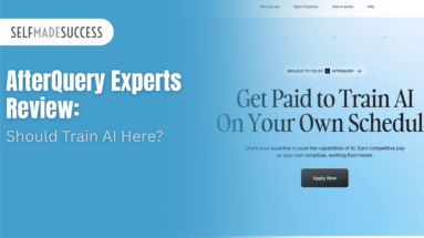 Hero banner with SELFMADE SUCCESS logo, left-justified bold headline reading 'AfterQuery Experts Review: Should Train AI Here?' on a blue gradient split, right side with large 'Get Paid to Train AI On Your Own Schedule' text and Apply Now button.