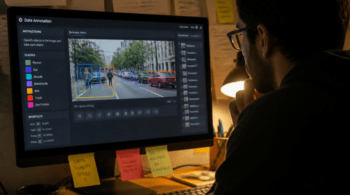 Person wearing glasses annotating a street scene with colored bounding boxes on a monitor.