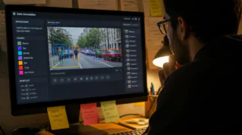 Person wearing glasses annotating a street scene with colored bounding boxes on a monitor.