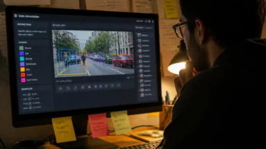 Person wearing glasses annotating a street scene with colored bounding boxes on a monitor.