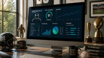 Desk setup with a computer displaying football analytics dashboards; helmet, trophies, and books nearby.
