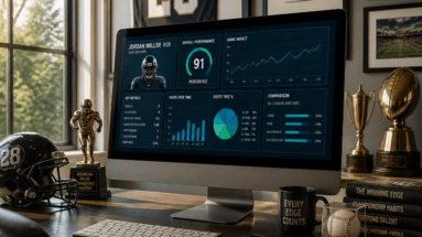 Desk setup with a computer displaying football analytics dashboards; helmet, trophies, and books nearby.