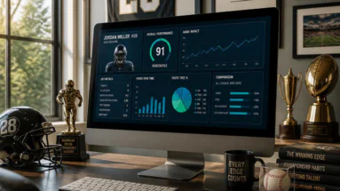 Desk setup with a computer displaying football analytics dashboards; helmet, trophies, and books nearby.